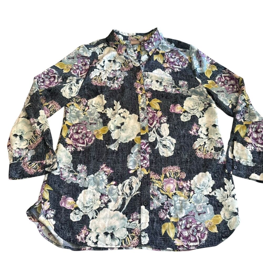 Chico's Button Up Shirt Womens 2 Blue Floral Long‎ Sleeve Collared Cottagecore